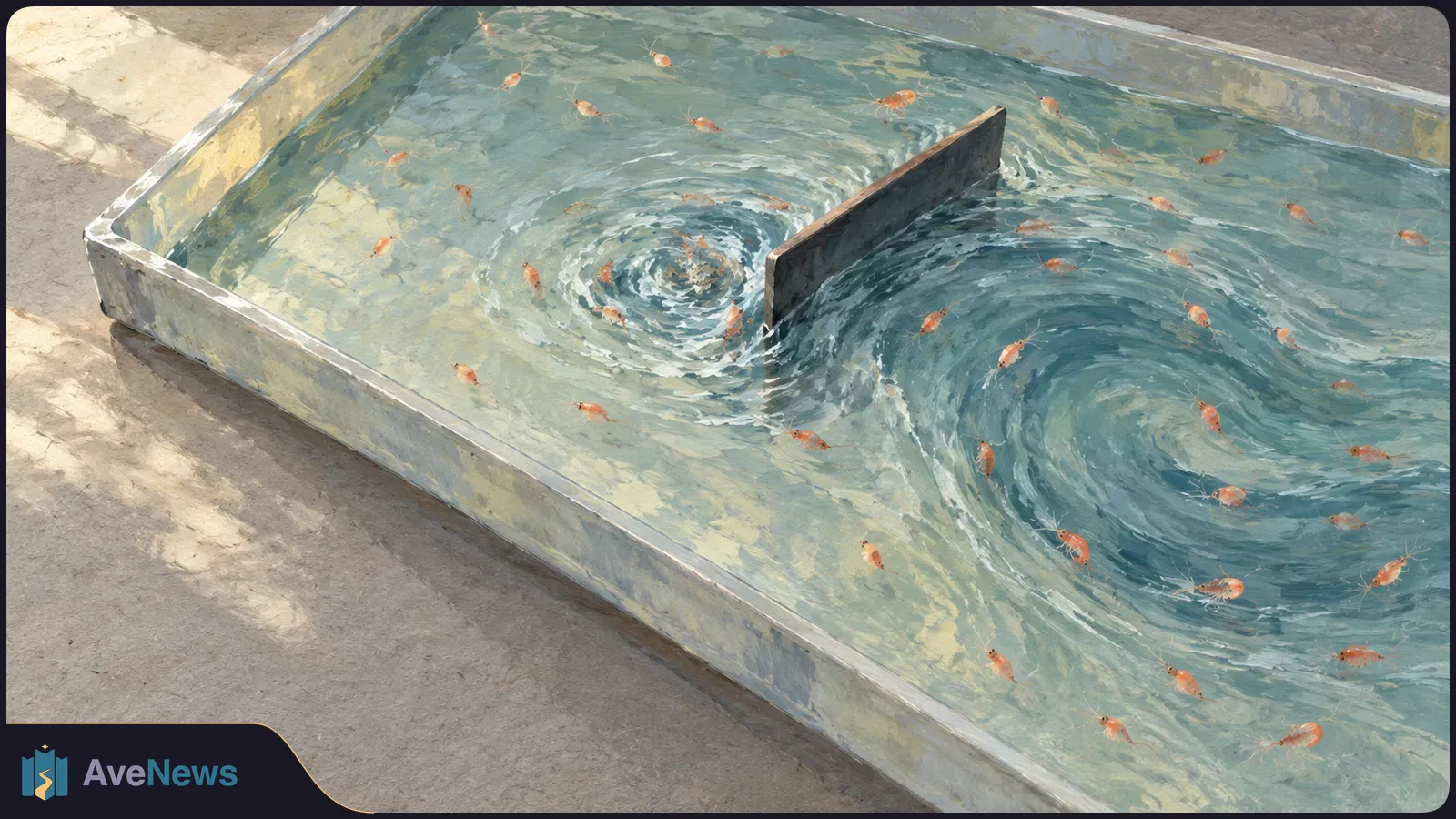 Painted view of small orange shrimp in a shallow rectangular tank, with water swirling around an angled barrier. SI illustration
