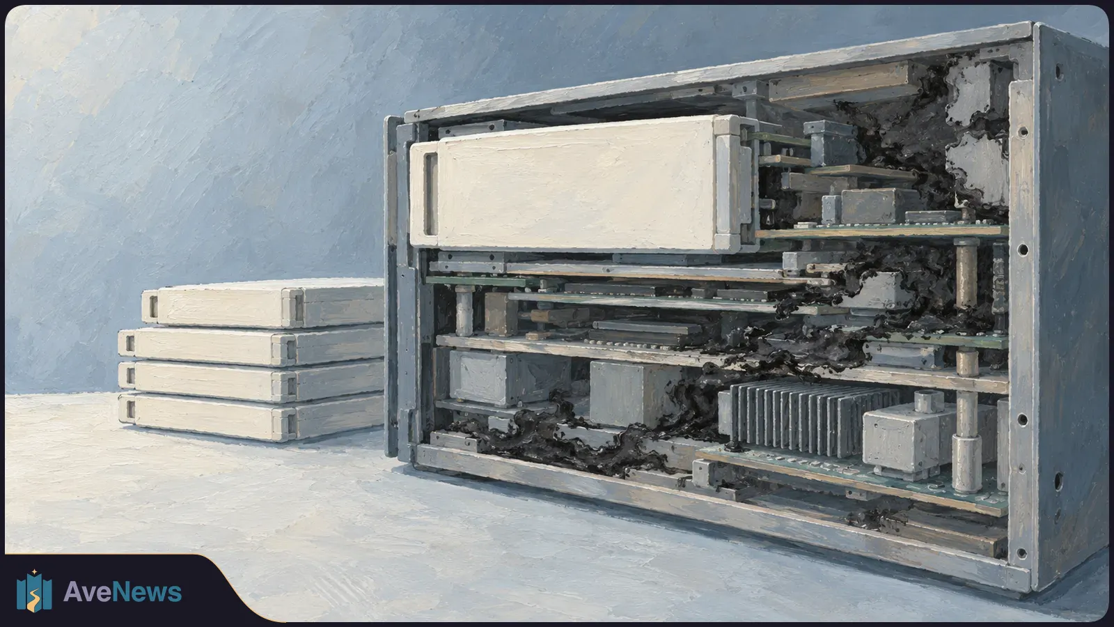 Painterly illustration of an open gray equipment cabinet with exposed components and blackened patches; four white rectangular units are stacked beside it. SI illustration