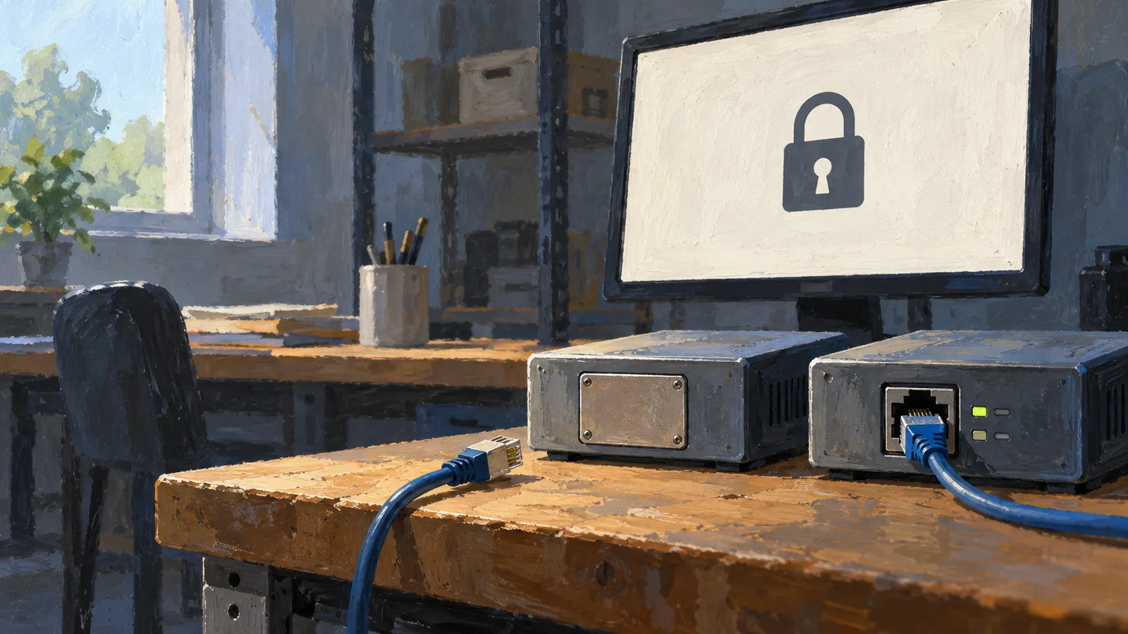 An illustrated workspace with two network devices on a wooden desk, one connected by a blue cable and another cable unplugged. A monitor displays a closed padlock. SI illustration