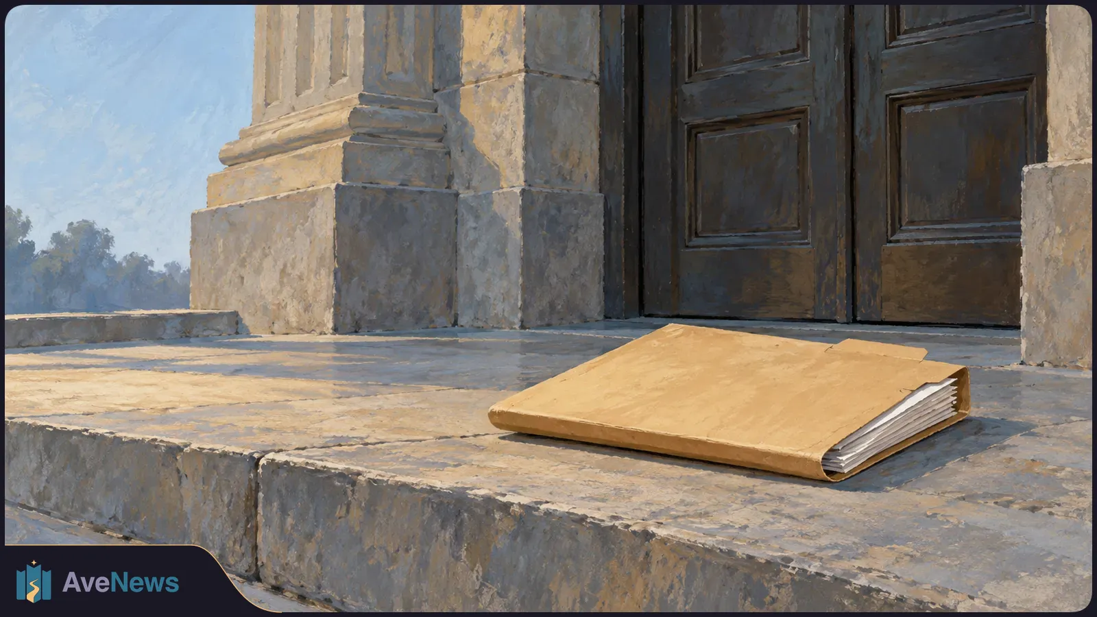 Illustration of a tan folder with papers on stone steps outside large dark double doors and a stone column. SI illustration