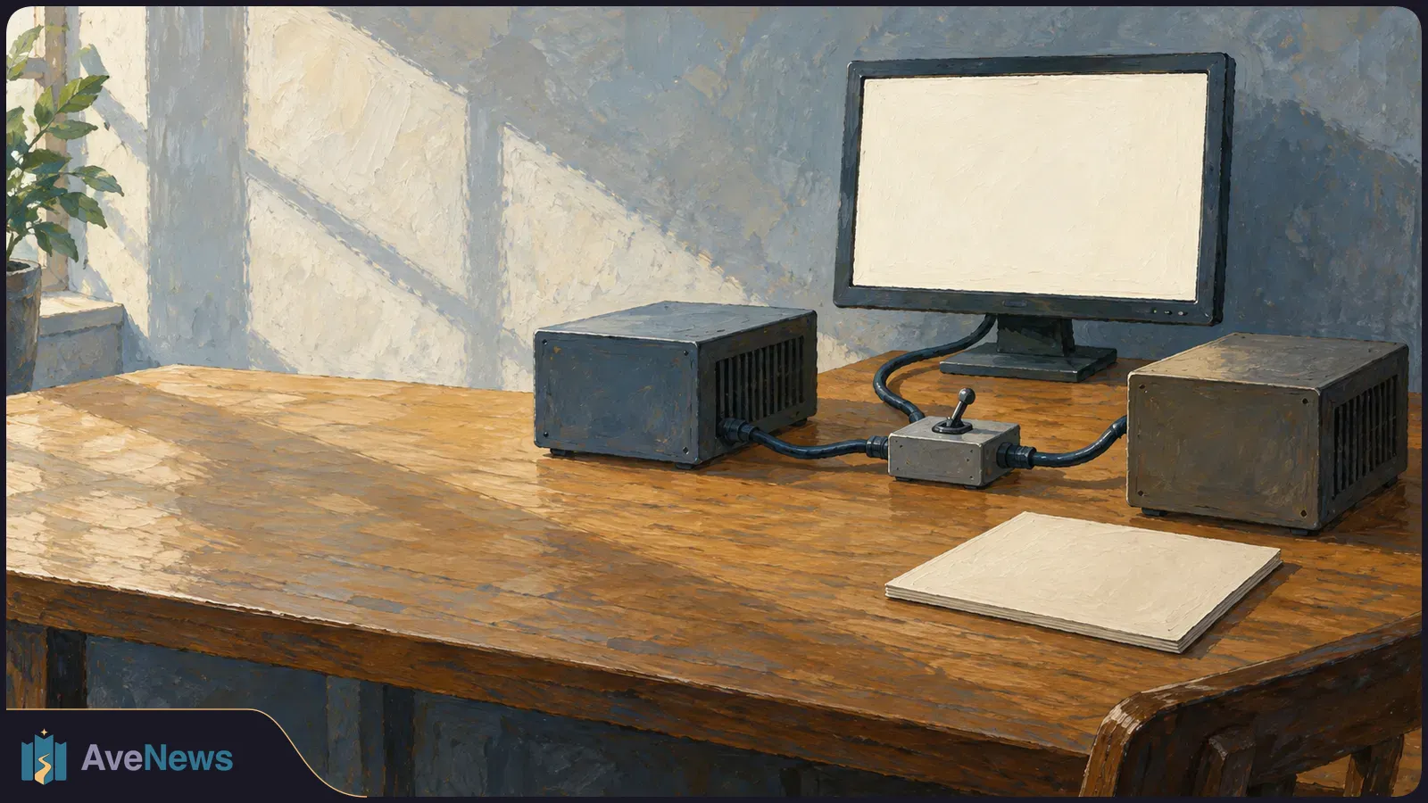 Painted scene of a blank monitor, two dark equipment boxes and a small lever switch connected by cables on a wooden desk. A stack of blank papers lies in front. SI illustration