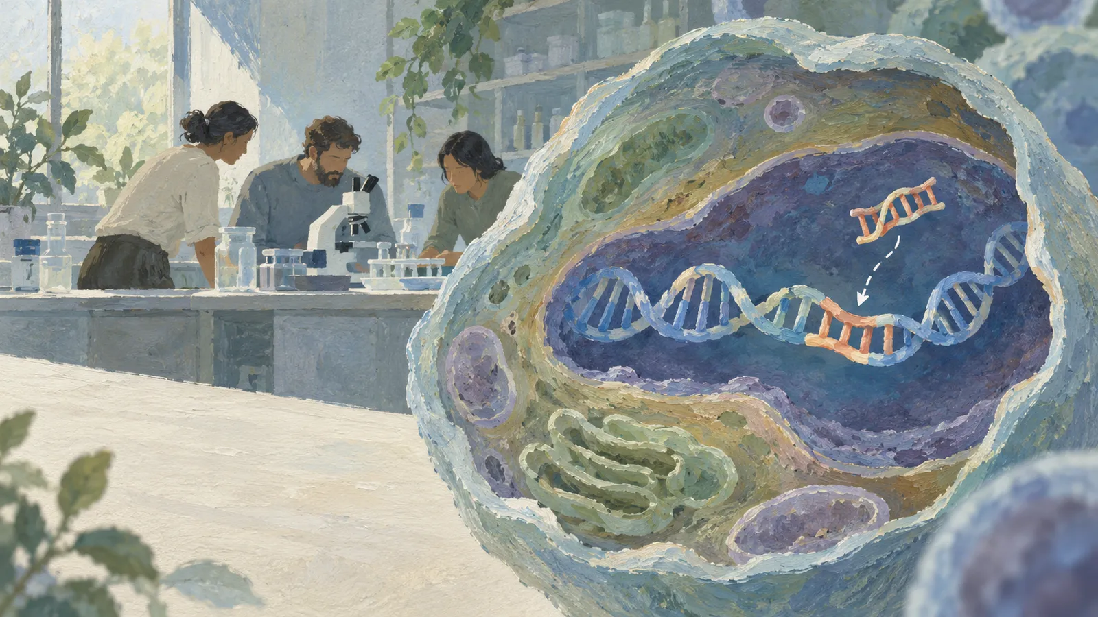 A painted illustration shows three people working at a microscope behind a large cutaway cell, where an arrow points from a small DNA segment to a strand. SI illustration