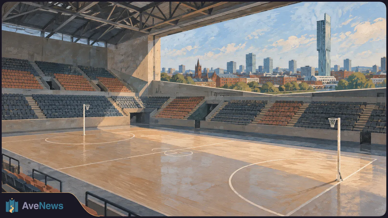 An illustrated empty indoor court with two hoop poles, tiered seating and a city skyline visible through a wide opening. SI illustration