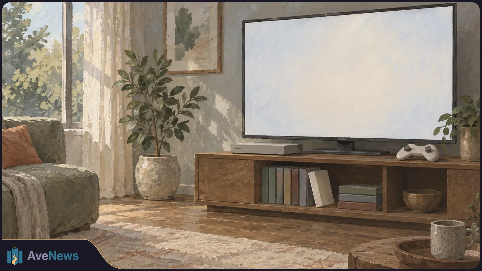 Painted living room with a blank television on a wooden cabinet, a game console and white controller beside it, and a sofa and plants nearby. SI illustration