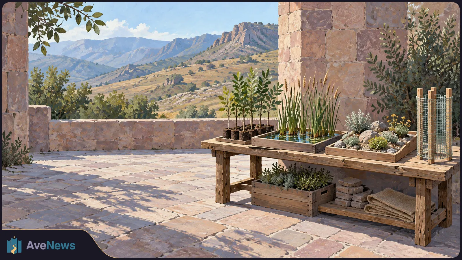 Seedlings and native-looking plants sit in trays on a wooden table in a sunlit stone courtyard, with hills and mountains beyond. SI illustration