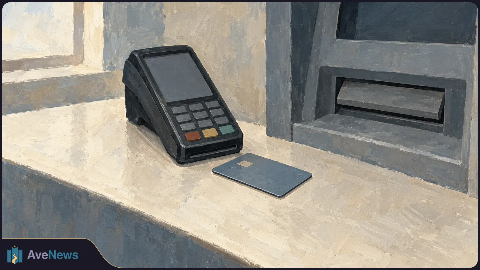 Painted illustration of a card payment terminal and a blue chip card on a counter beside an ATM cash slot. SI illustration