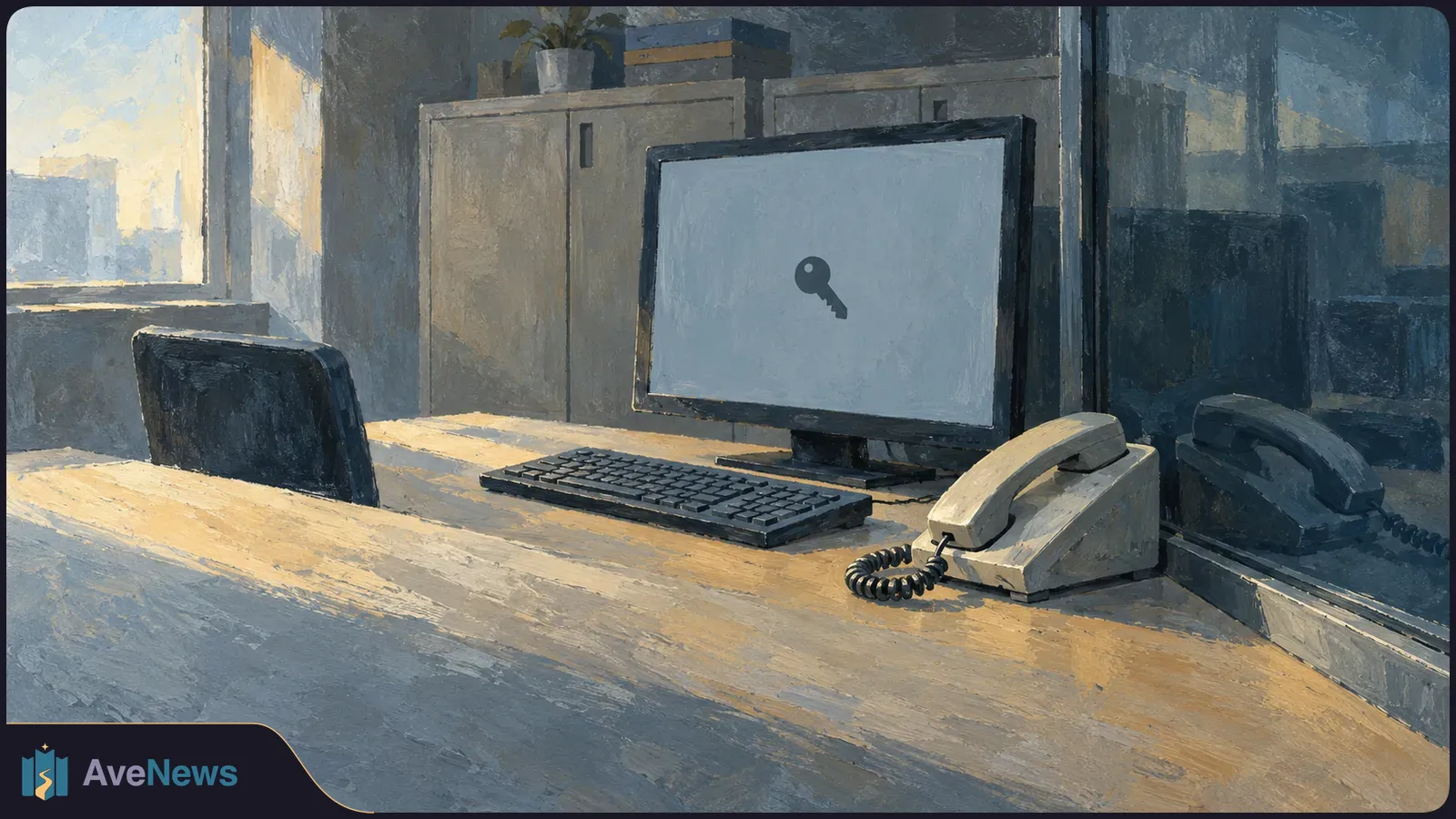 Painted office desk with a computer showing a key symbol, a keyboard and a corded telephone beside a glass partition. SI illustration
