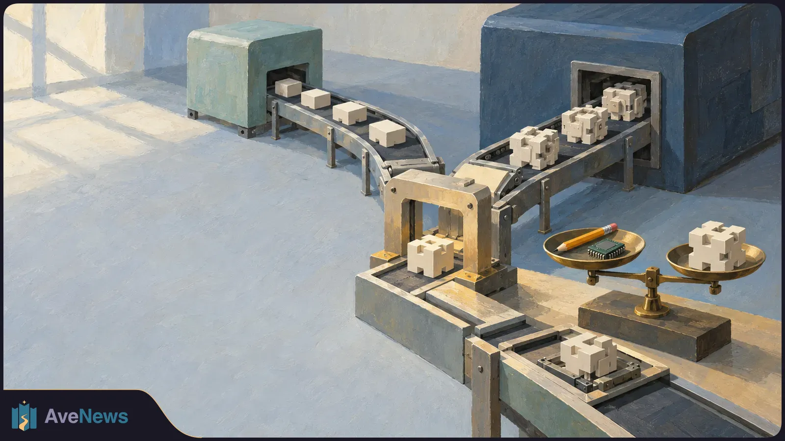 Painted factory scene with conveyors carrying plain cubes and interlocking blocks. A balance scale holds a pencil and microchip on one side and a block on the other. SI illustration