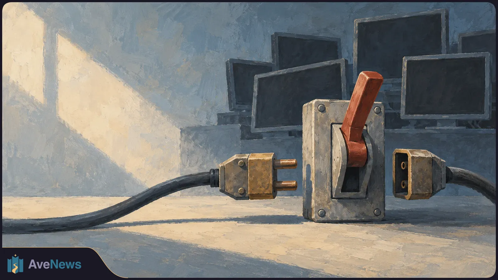 Painted illustration of two disconnected electrical plugs and a large switch in front of several dark monitors, with sunlight falling across the floor. SI illustration