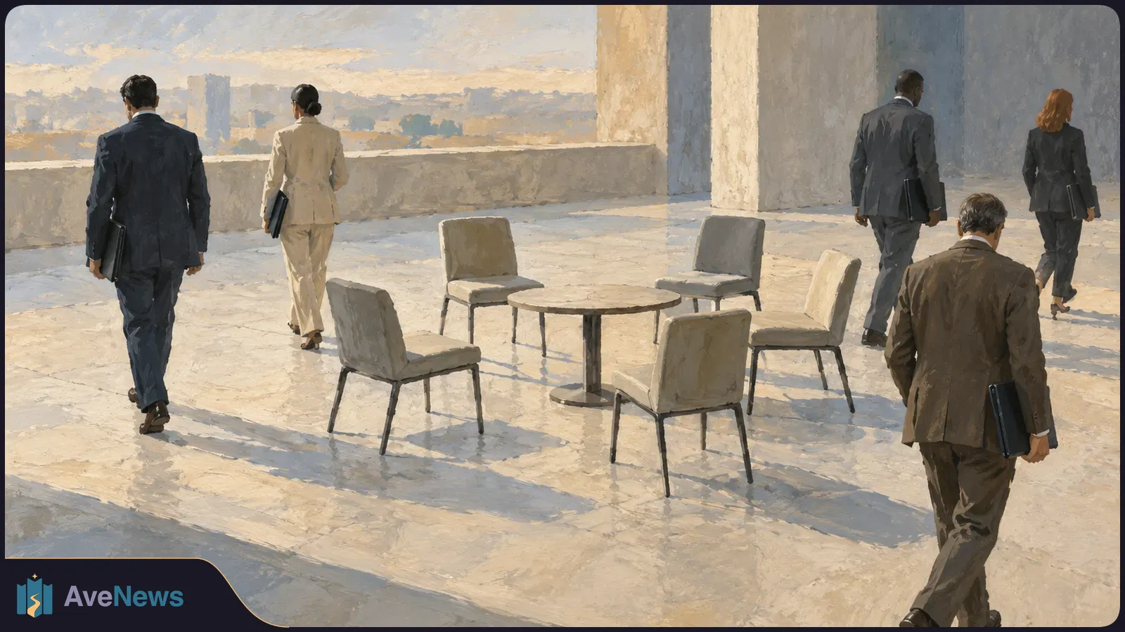 Painterly illustration of five business-dressed people carrying folders and walking away from an empty round table and chairs on a sunlit terrace. SI illustration