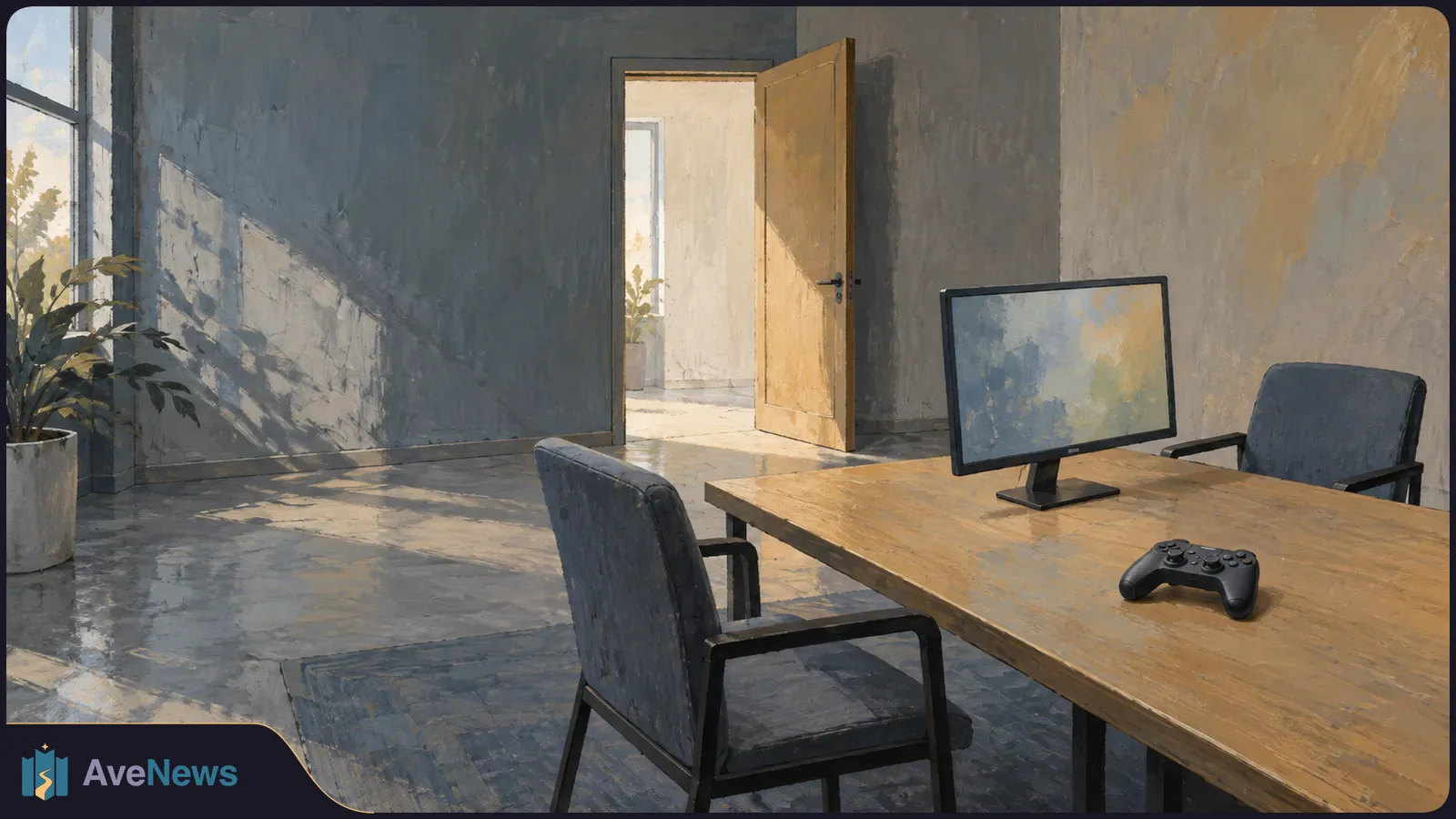 Painted scene of an empty room with two chairs, a monitor and a game controller on a wooden table; an open door leads to a sunlit space. SI illustration