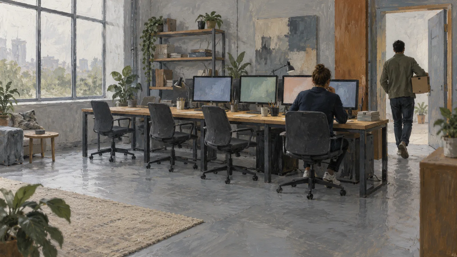A painterly office scene with a person seated at a row of computers and another carrying a box through a doorway. Empty chairs, plants and a large window fill the room. SI illustration
