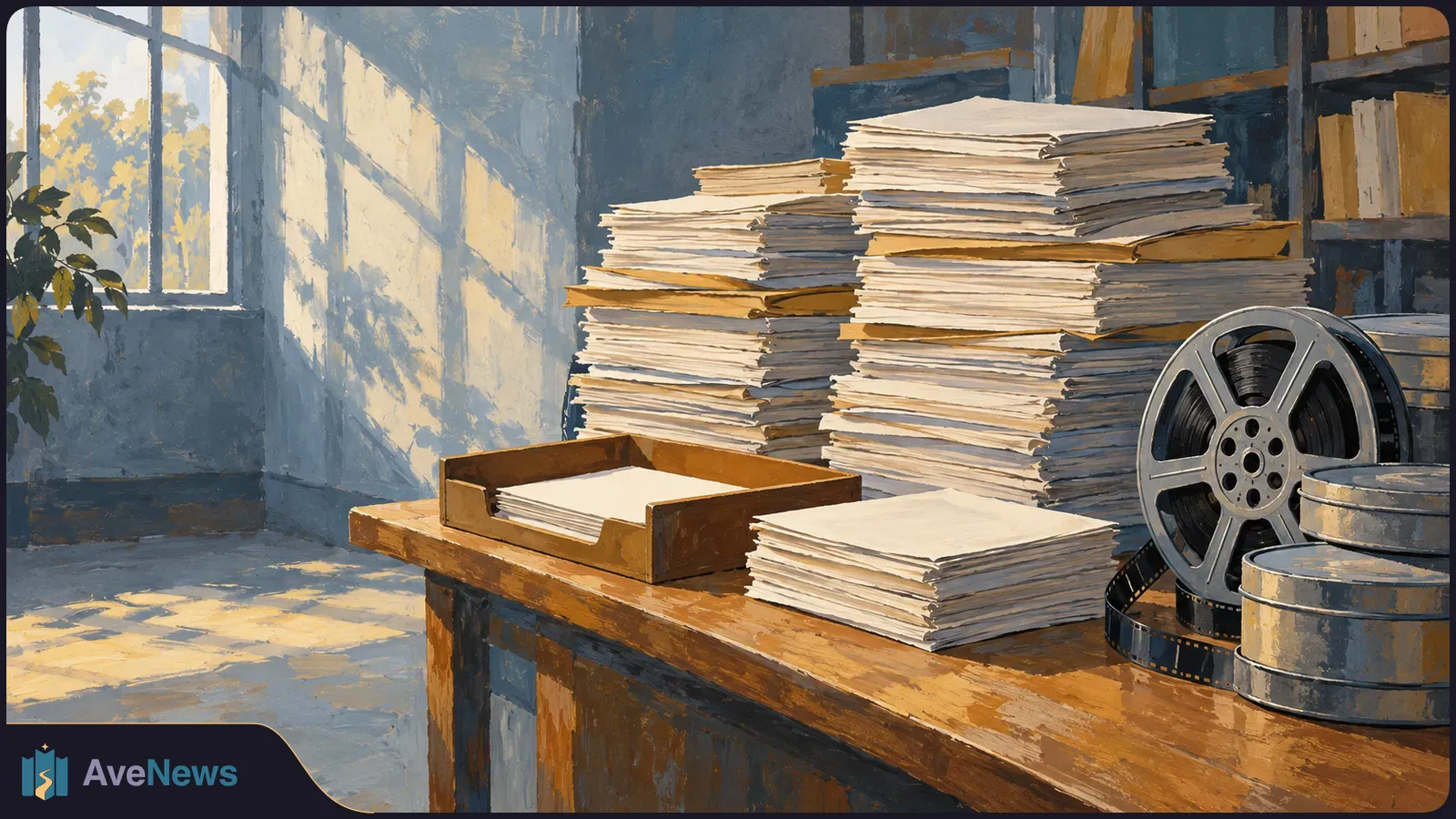 Painted scene of tall paper stacks on a wooden table beside a film reel and metal canisters, with sunlight entering through a window. SI illustration