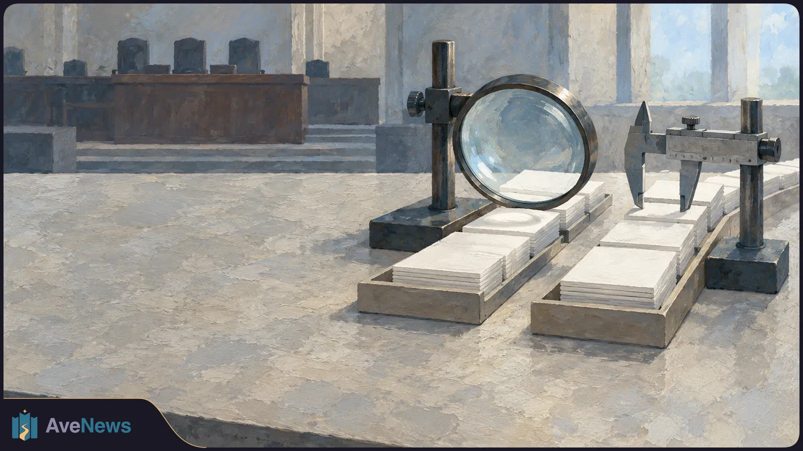 Painted courtroom scene with two trays of stacked white papers on a table, a magnifying glass over one tray and a caliper over the other. SI illustration