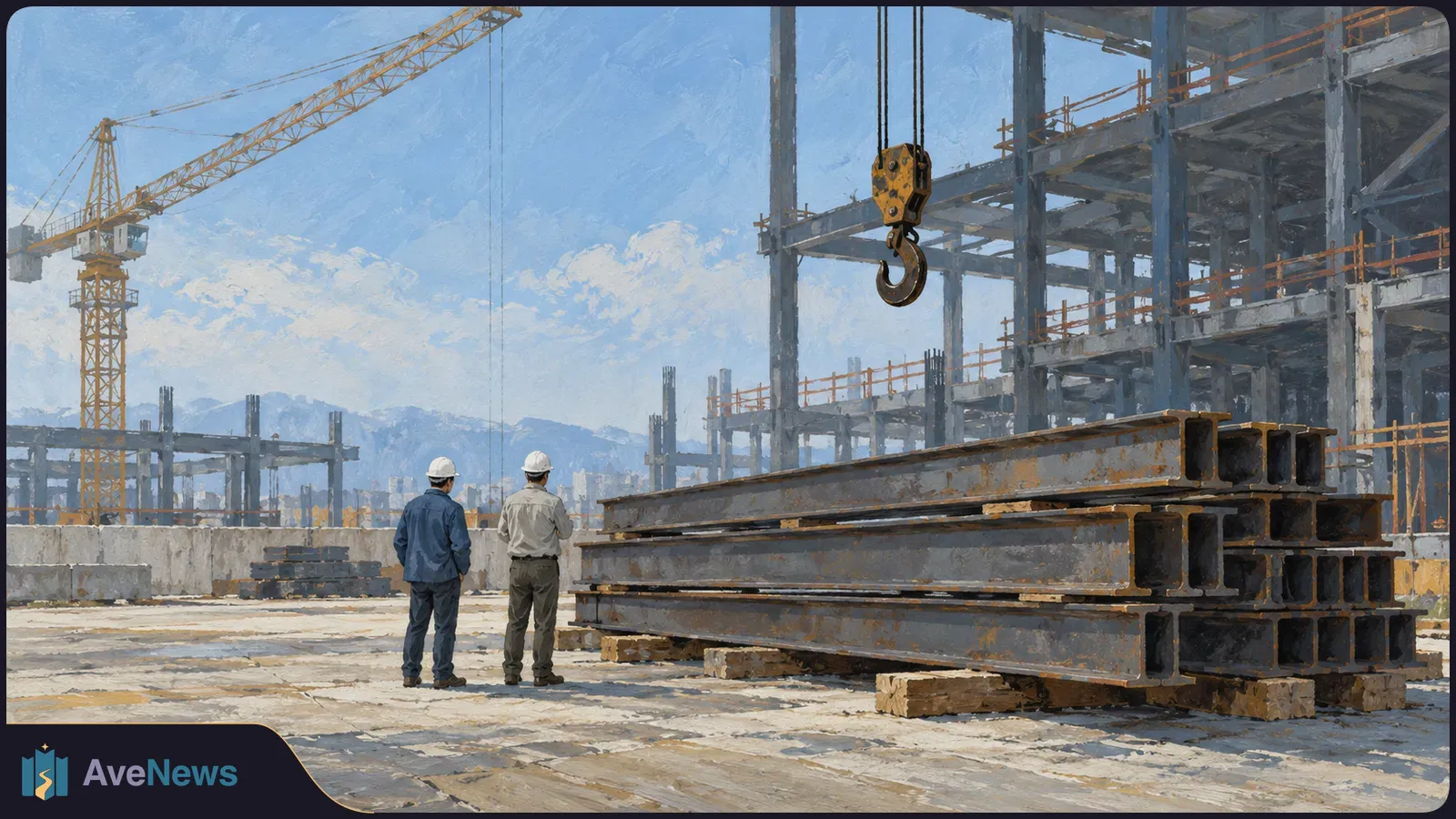 Painterly illustration of two hard-hatted workers beside stacked steel beams at a construction site, with a hanging crane hook and unfinished buildings behind them. SI illustration