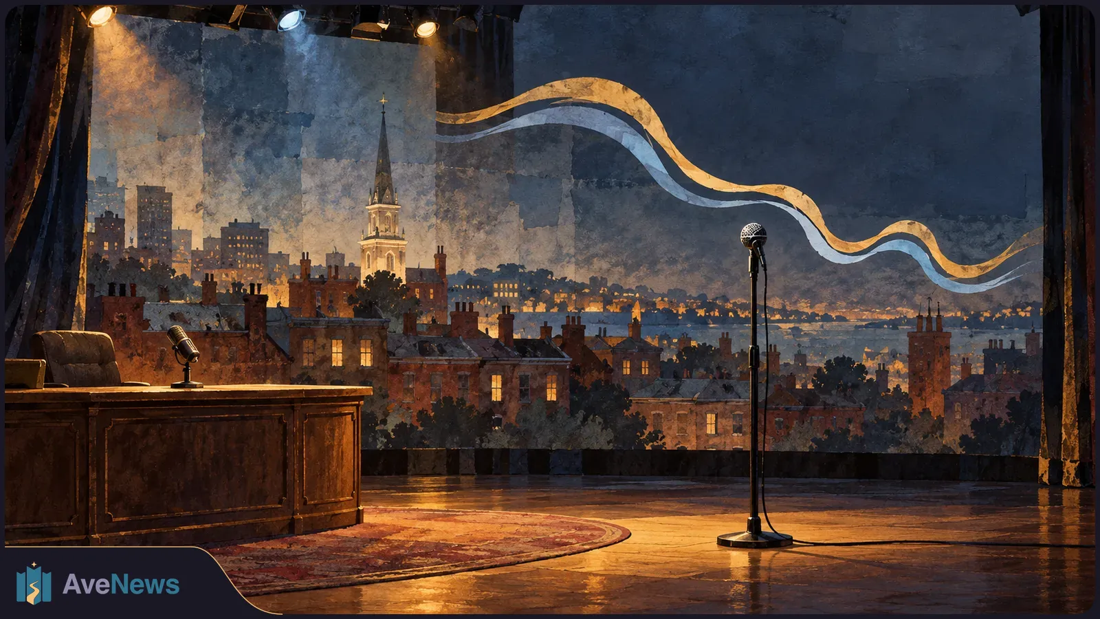 Painted late-night stage with a desk microphone and standing mic before a dusk city backdrop; gold and blue ribbons sweep above the skyline. SI illustration