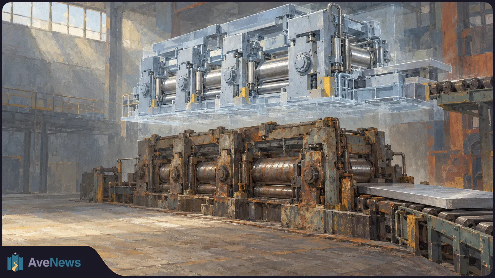 Illustration of steel-rolling machinery in a factory: pale gray equipment above rust-colored rollers, with a metal sheet extending to the right. SI illustration