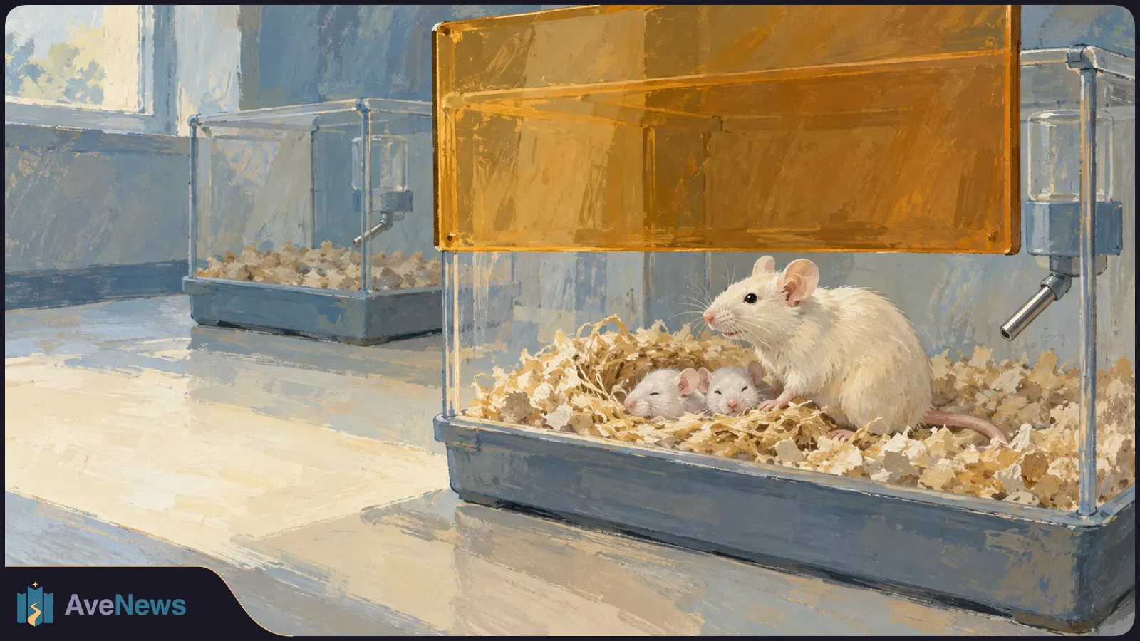 Painted scene of a white mouse beside two pups in a bedding-filled enclosure, with a blank amber panel above and another enclosure behind. SI illustration