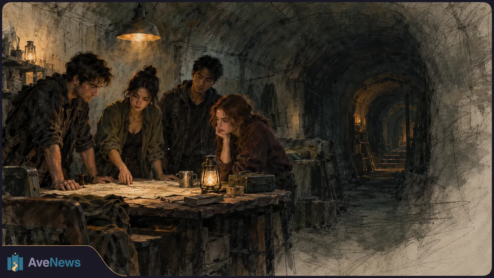 Four young people study a map on a lantern-lit table in a dim, arched underground shelter; sketch lines fade across the right edge. SI illustration