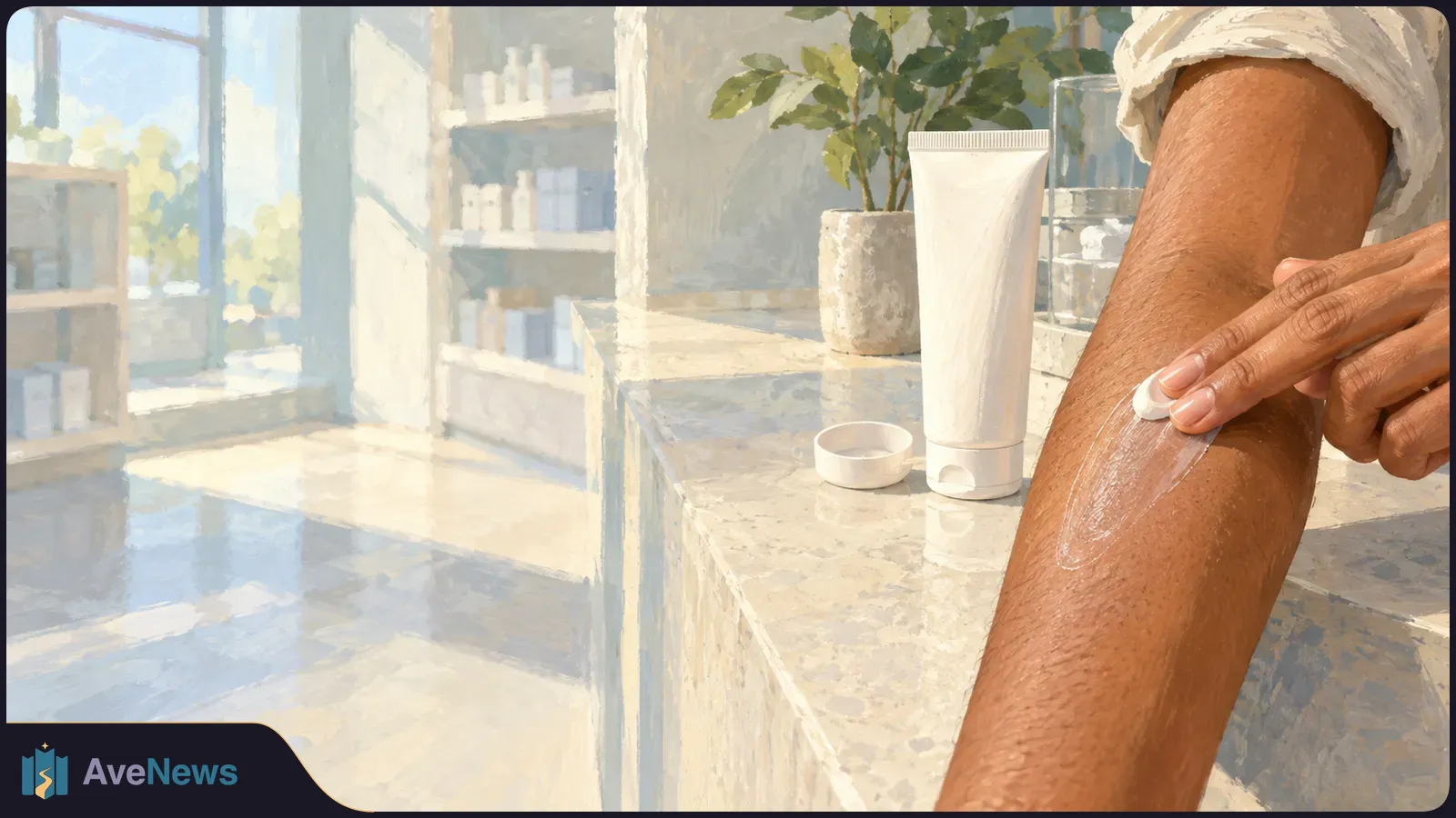 A person spreads white cream on their forearm beside an unmarked tube on a sunlit counter, with shelves in the background. SI illustration