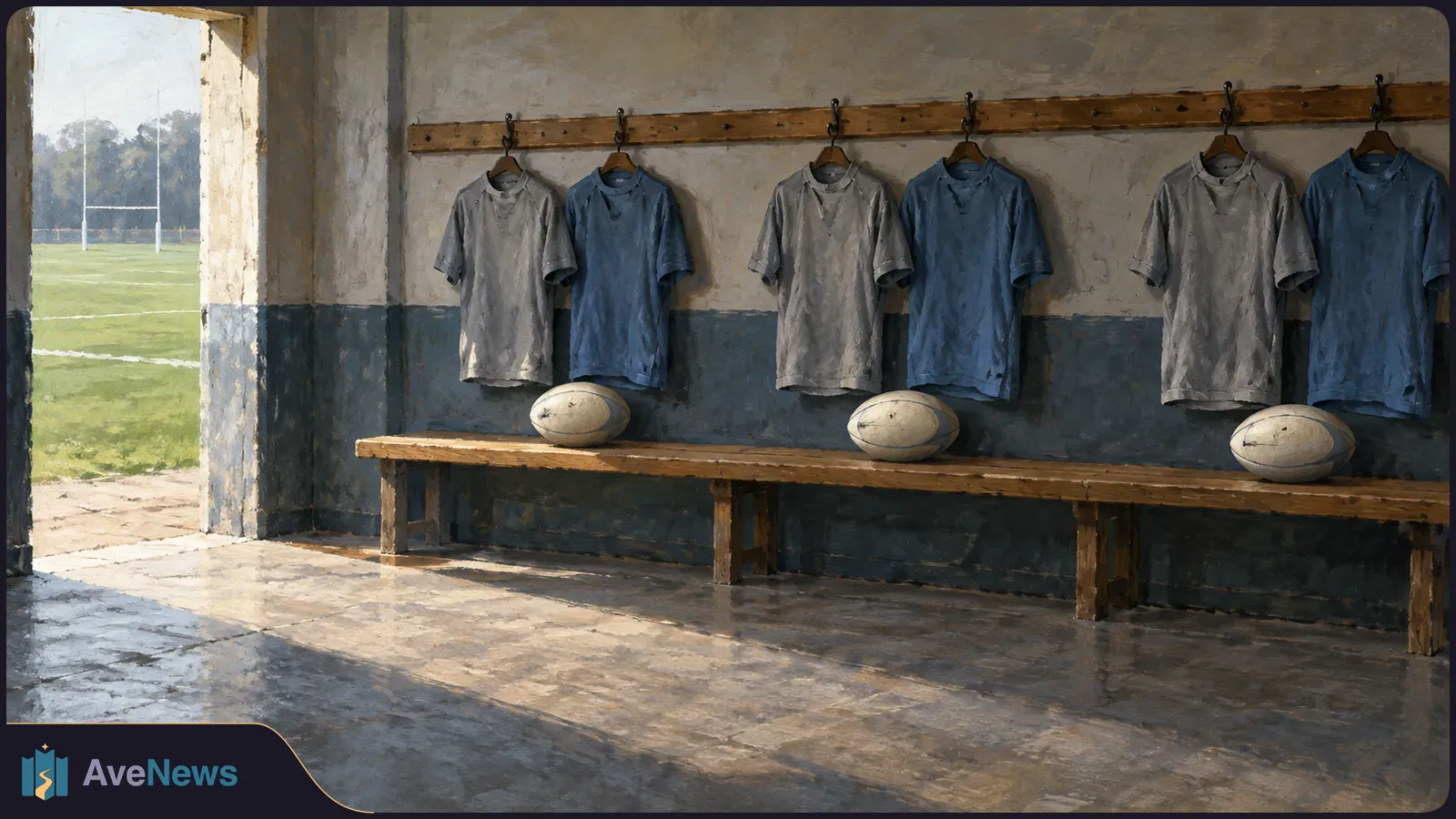 A painted rugby changing room with six grey and blue jerseys hanging above a wooden bench and three rugby balls. A field and goalposts are visible through the doorway. SI illustration