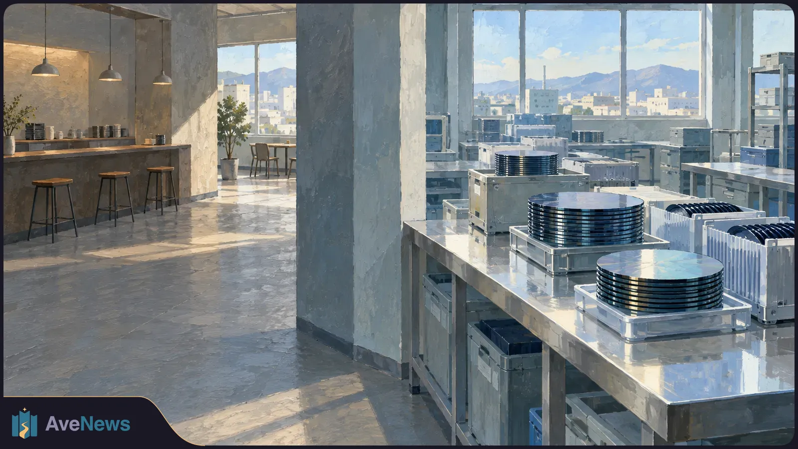 Painterly interior with an empty café counter on the left and stacks of dark semiconductor wafers and equipment on the right. A city and mountains are visible through tall windows. SI illustration