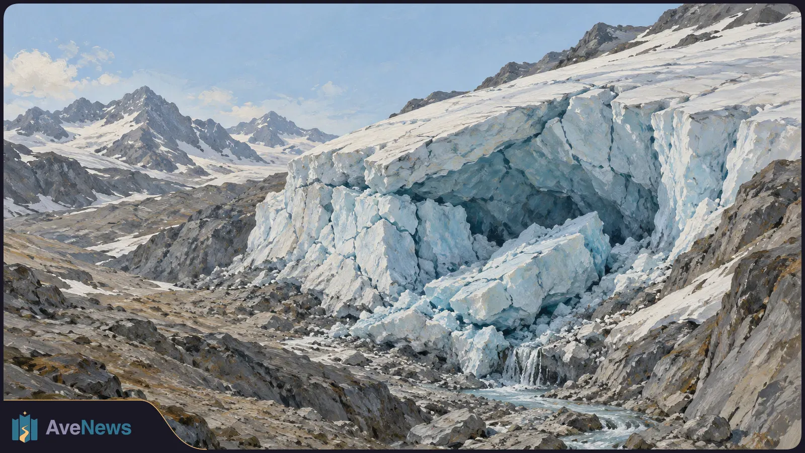 A fractured glacier face with a hollow beneath it and large fallen ice blocks, above a meltwater stream in a rocky mountain valley. SI illustration