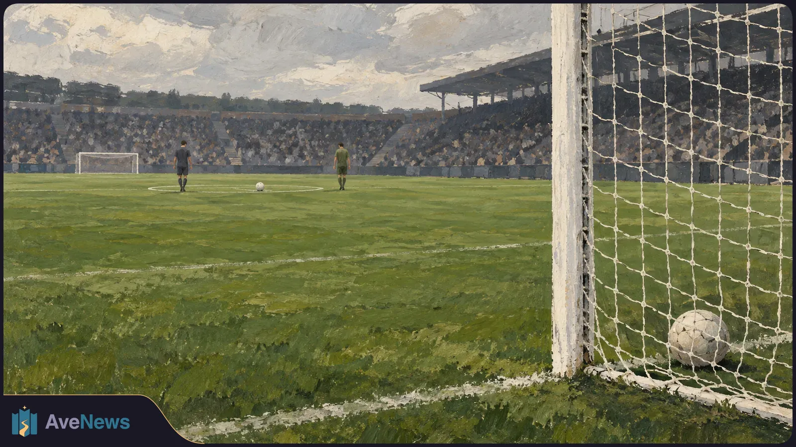 Painted view from behind a football goal: a ball rests in the net at right, and two distant players stand near another ball before crowded stands under a cloudy sky. SI illustration
