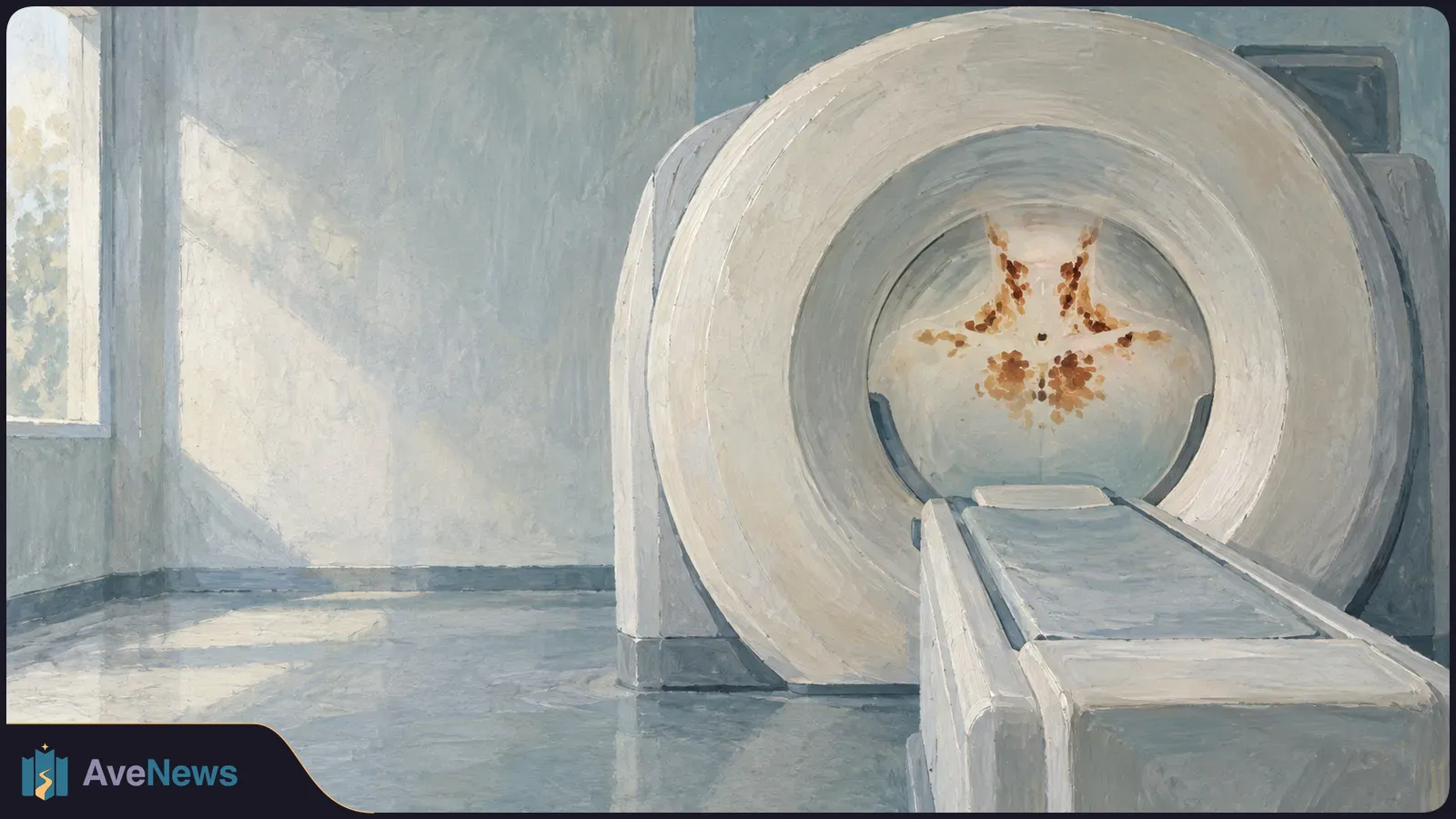 Painted medical scanner with an empty sliding table; brown patches form a neck-and-shoulders shape inside its circular opening. SI illustration