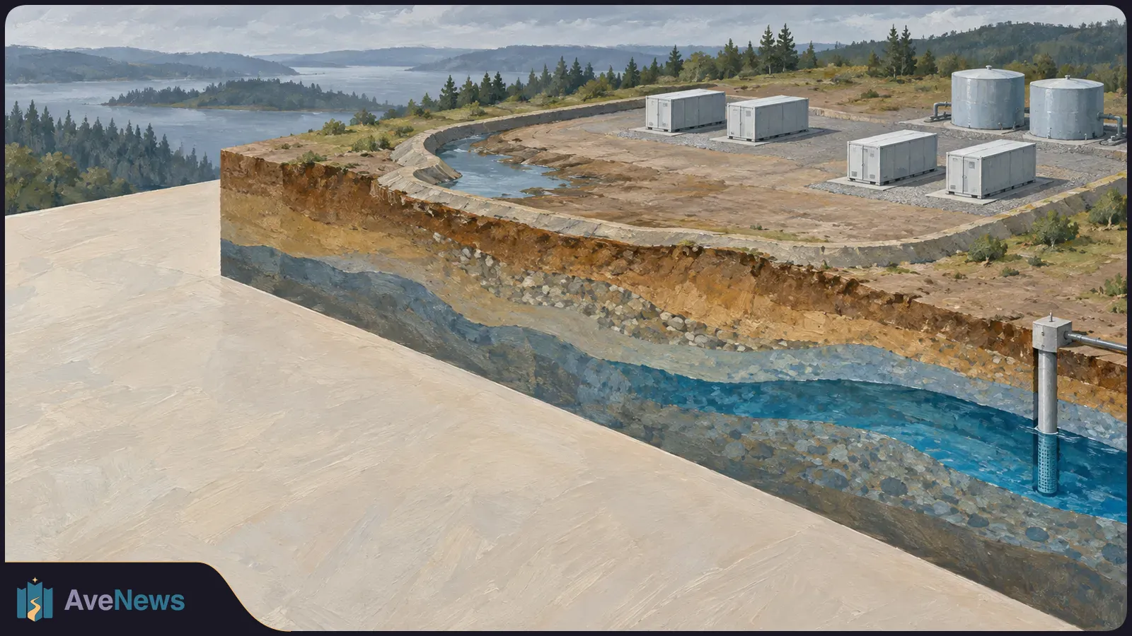 Painted cutaway of a battery-storage site with white containers and water tanks above soil layers and blue groundwater, beside a wooded lake. SI illustration