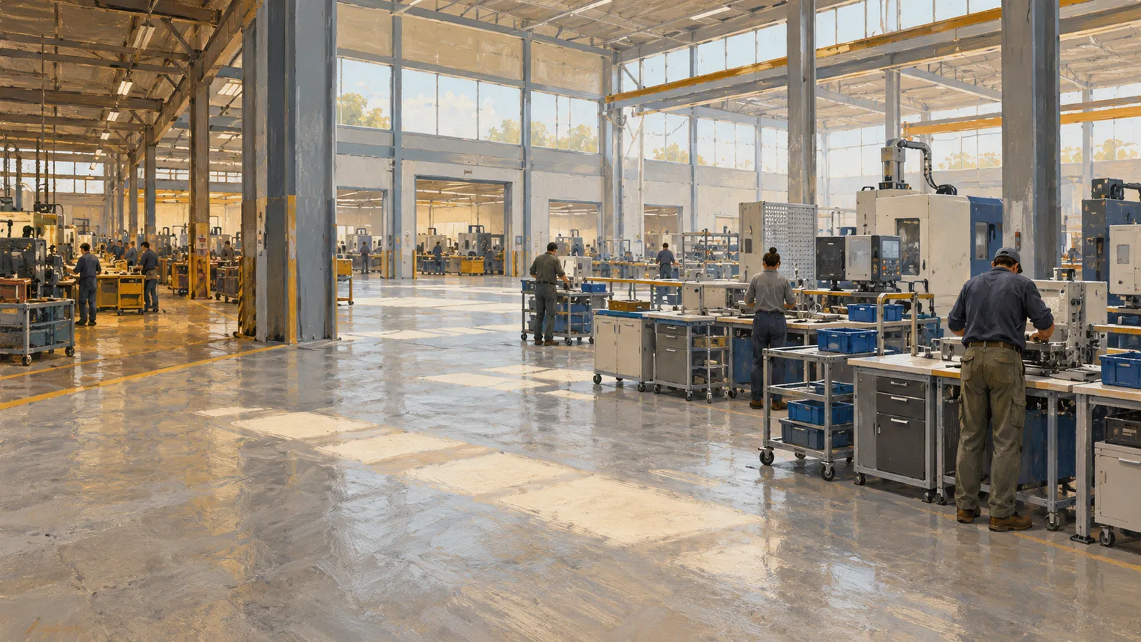 Workers stand at machinery and workbenches in a spacious factory with tall windows, blue bins and a reflective floor. SI illustration