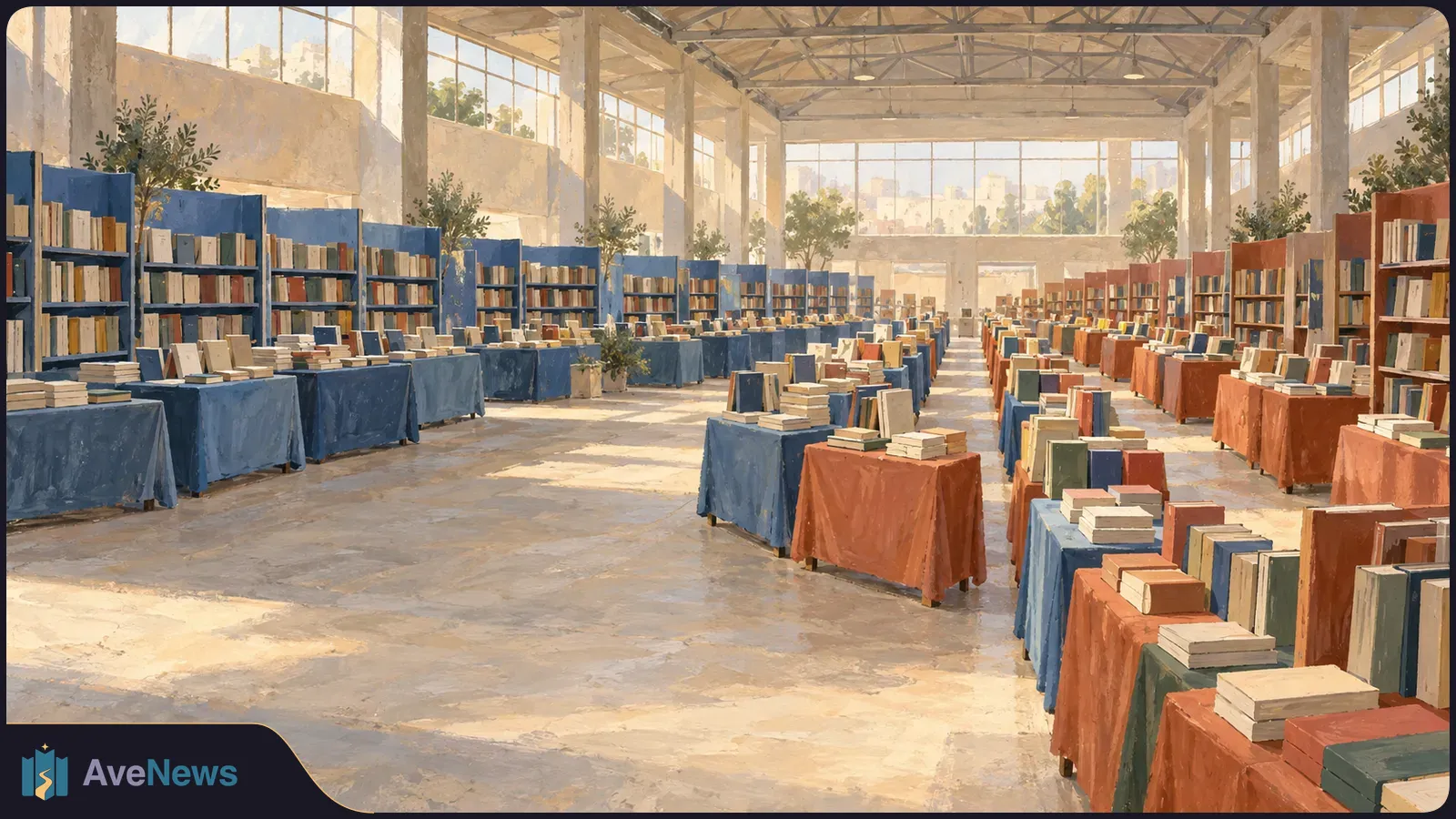 Illustration of a sunlit book fair hall with rows of book-filled shelves and tables draped in blue and rust-colored cloth. SI illustration