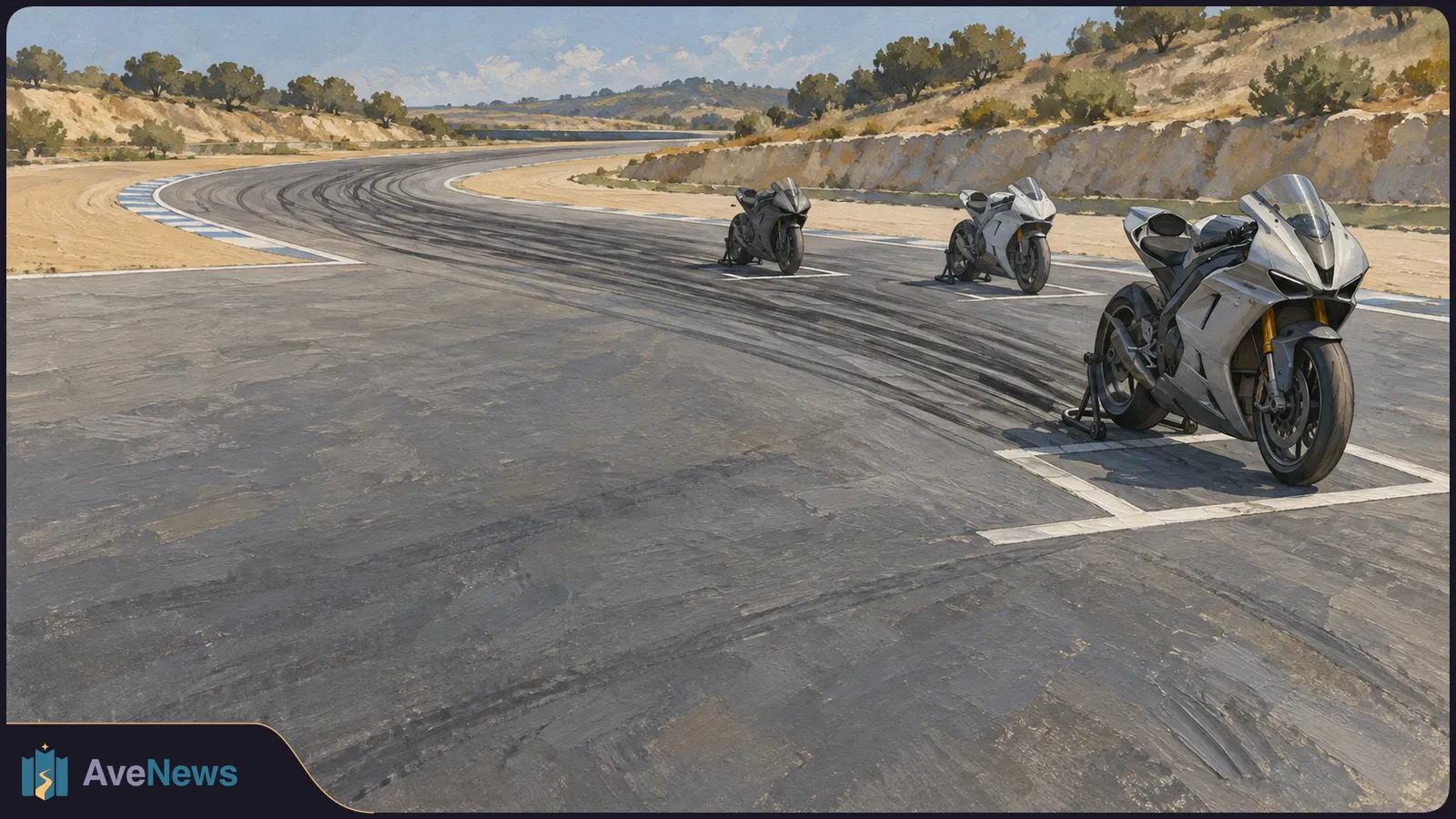 Three sport motorcycles stand on a curving racetrack marked with tire streaks, beside sandy banks and scattered trees. SI illustration