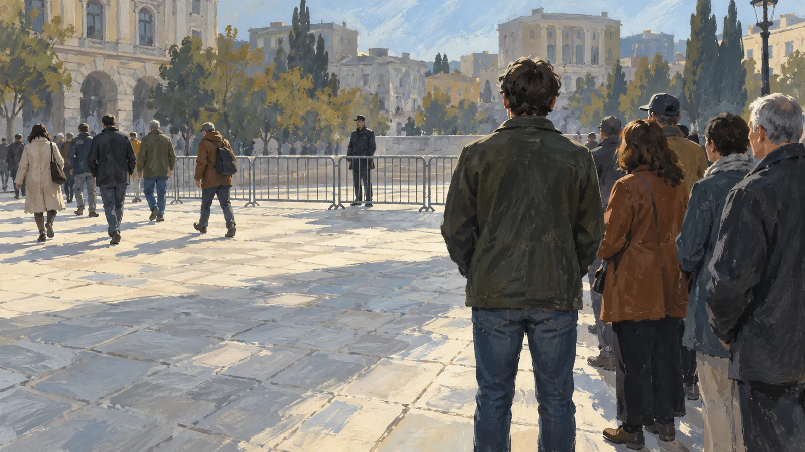 A painted scene of people in a sunlit city square, facing metal barriers and a uniformed officer, with trees and pale buildings behind them. SI illustration