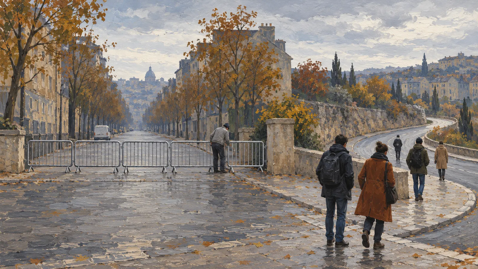A painted autumn city street is blocked by metal barriers. A person stands beside them while pedestrians walk along a curving road to the right. SI illustration