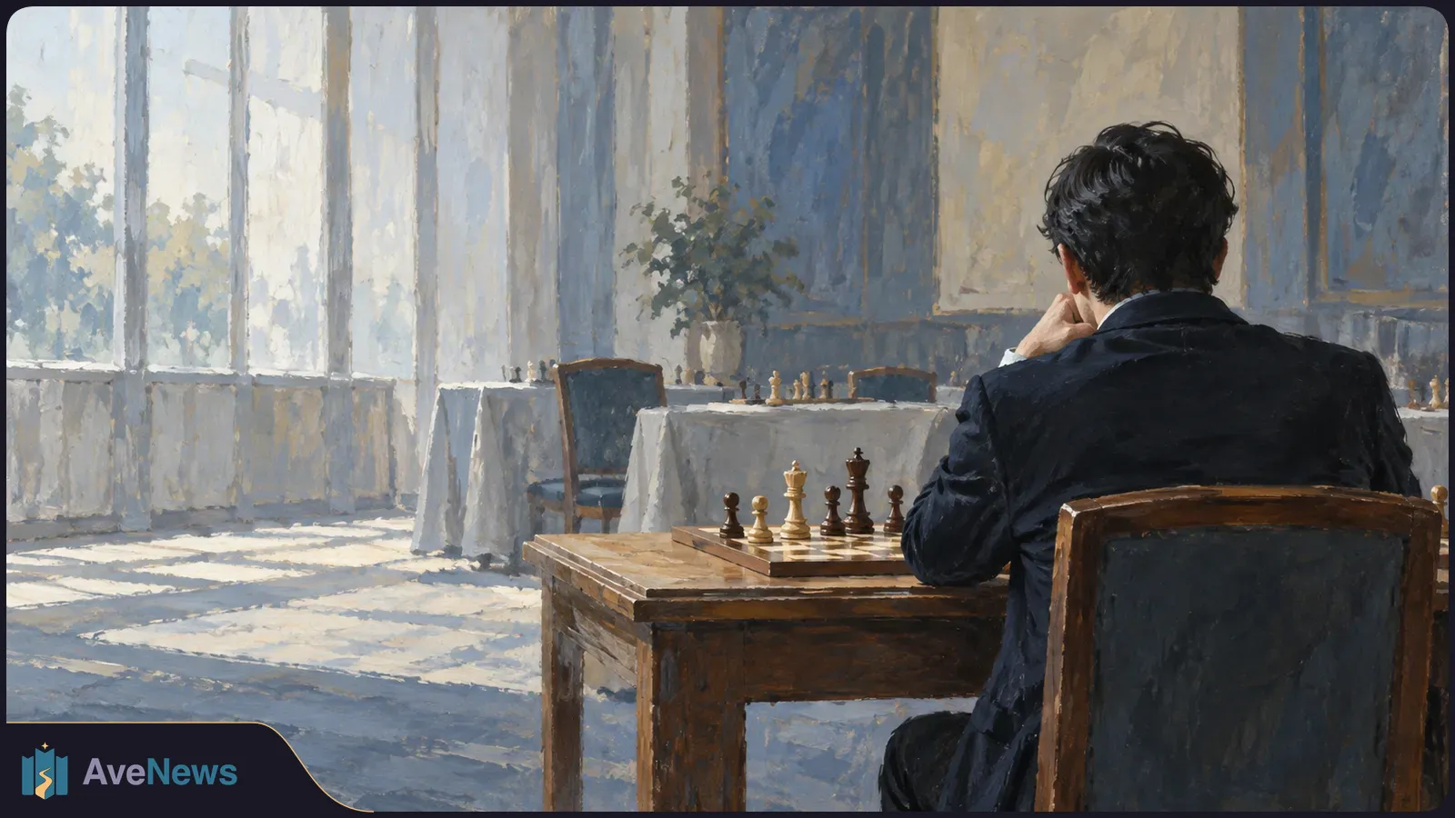 A painted scene of a man seen from behind at a wooden table with a chessboard, in a sunlit room with tall windows and other chess tables. SI illustration