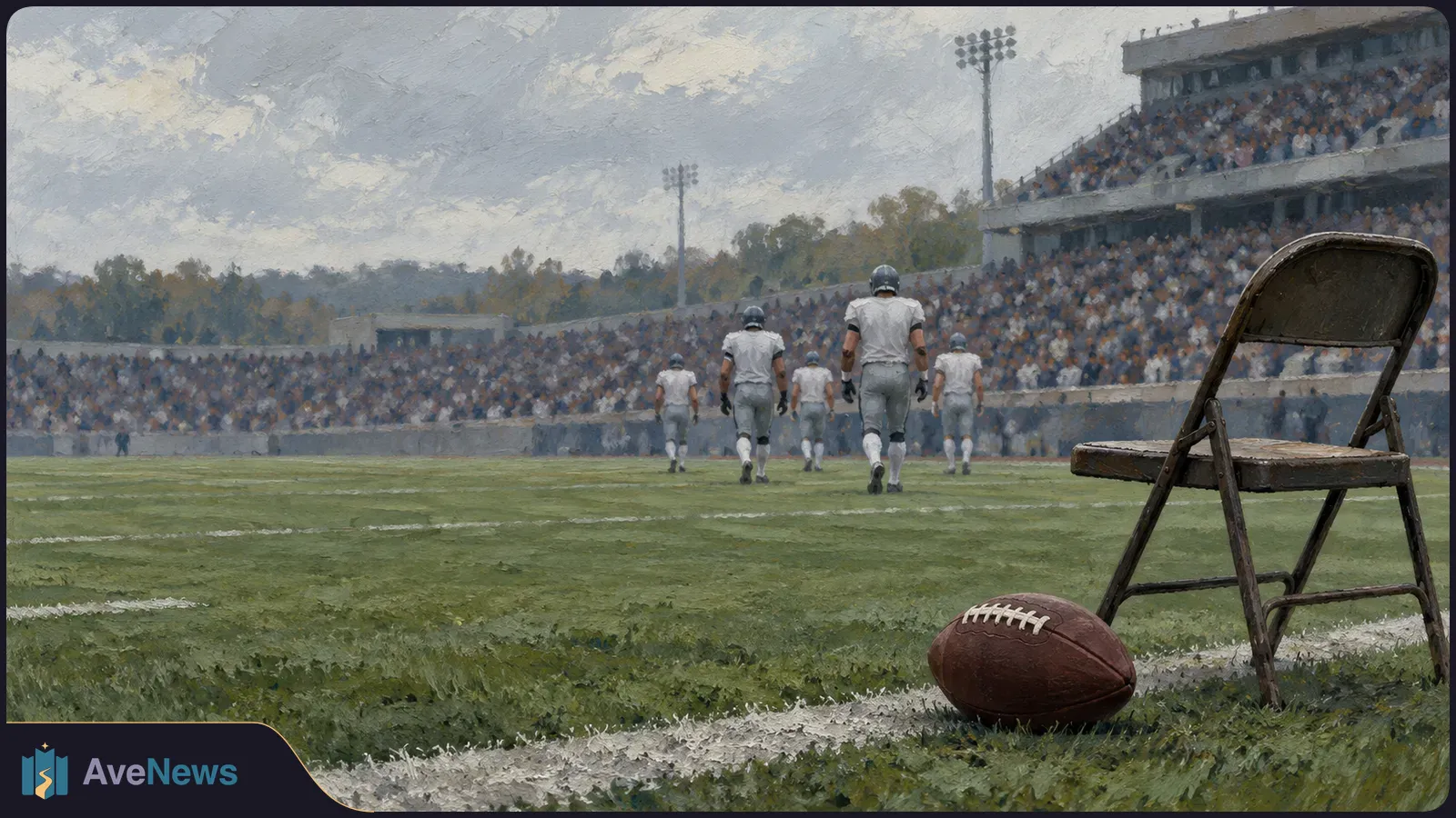 A painted view of an American football stadium: five players walk across the field, with a football and an empty folding chair near the sideline. SI illustration
