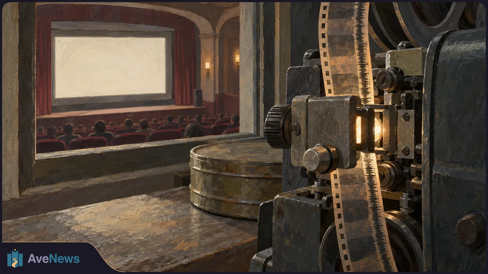 A painted view of an old film projector and hanging filmstrip in a booth, overlooking an audience and a blank cinema screen. SI illustration