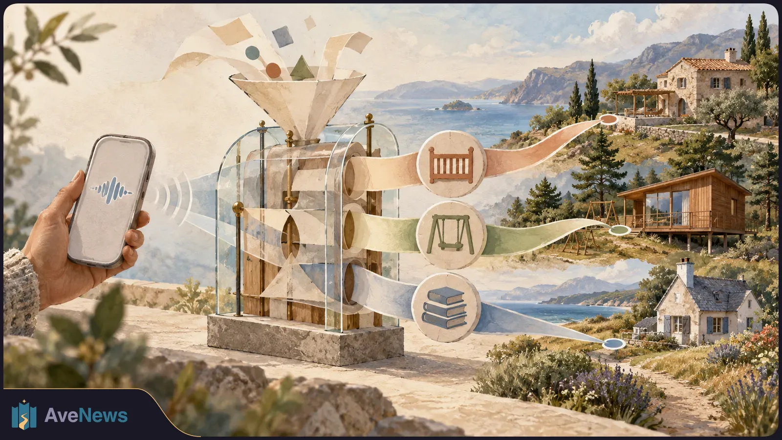 An illustrated hand holds a phone with a sound-wave symbol beside a funnel-like device. Three ribbons lead past crib, swing and book icons to coastal homes. SI illustration