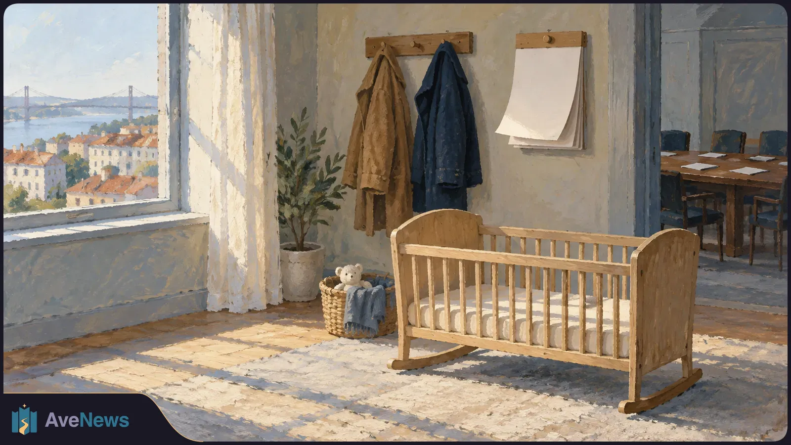 Painted scene of an empty wooden cradle beside a basket of toys, with coats and blank papers on the wall and a meeting table in the next room. SI illustration