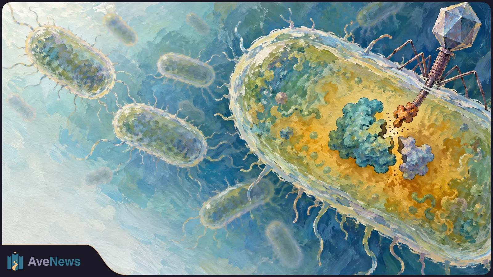Painted close-up of rod-shaped bacteria. A spindly phage-like virus touches the largest one beside separated blue and purple protein-like clusters. SI illustration