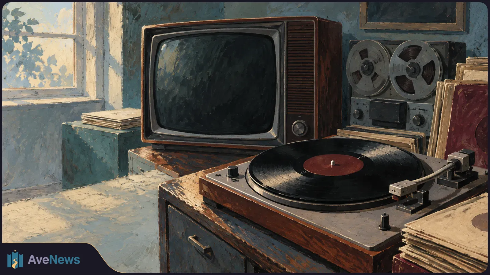 Painterly illustration of a vintage television, reel-to-reel tape recorder and record player with a vinyl record, beside stacks of records in a sunlit room. SI illustration