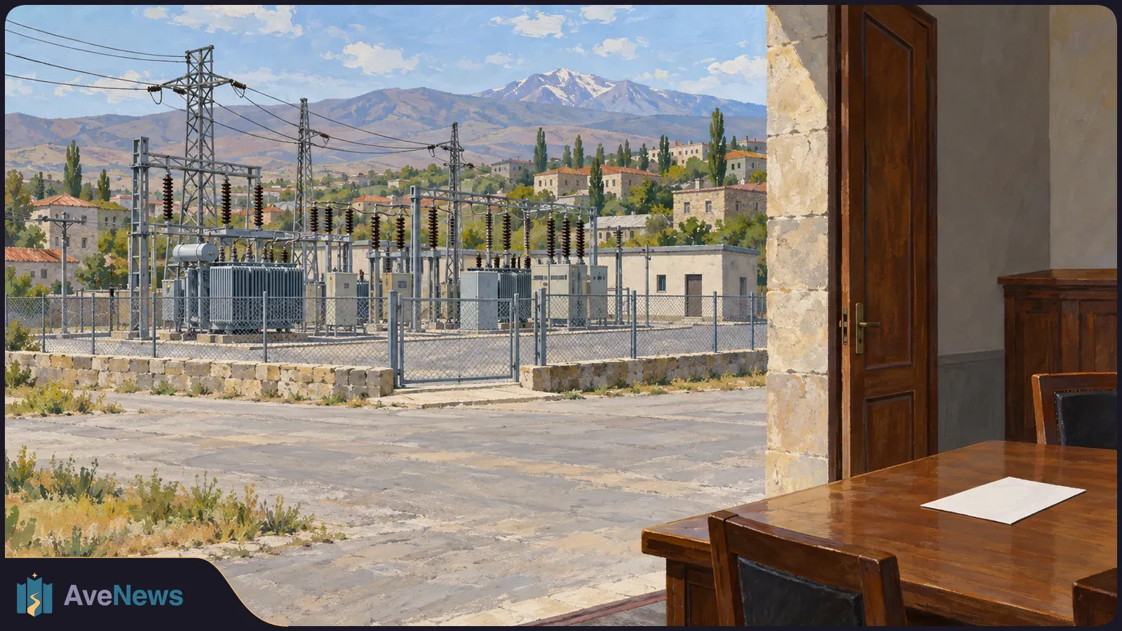A painted view of a fenced electrical substation with buildings and snowy mountains behind it; a wooden table with a blank white sheet sits in the foreground. SI illustration