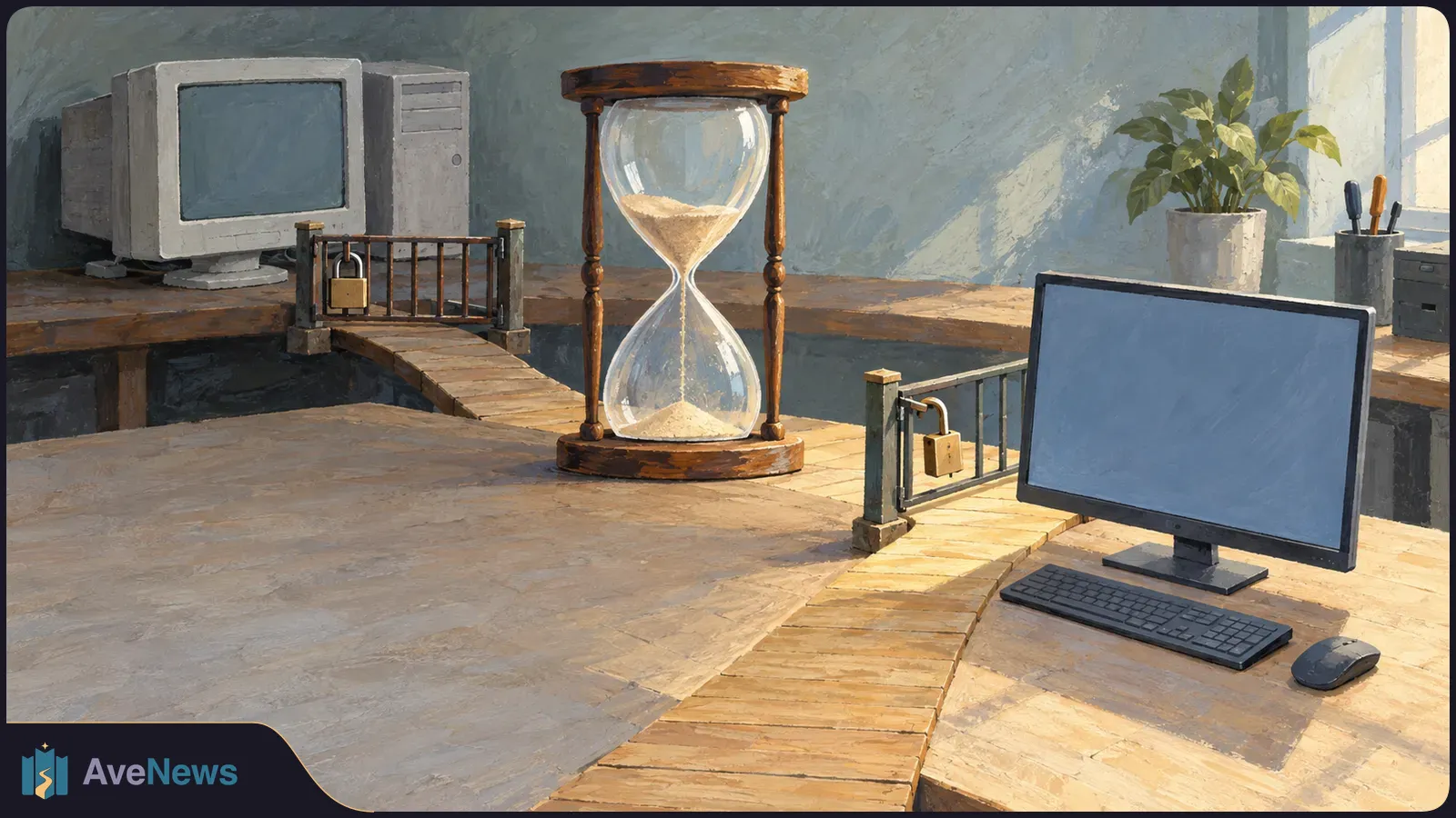 Painted scene of an hourglass between an old computer and a newer monitor. Padlocked gates cross wooden paths, and both screens are blank. SI illustration