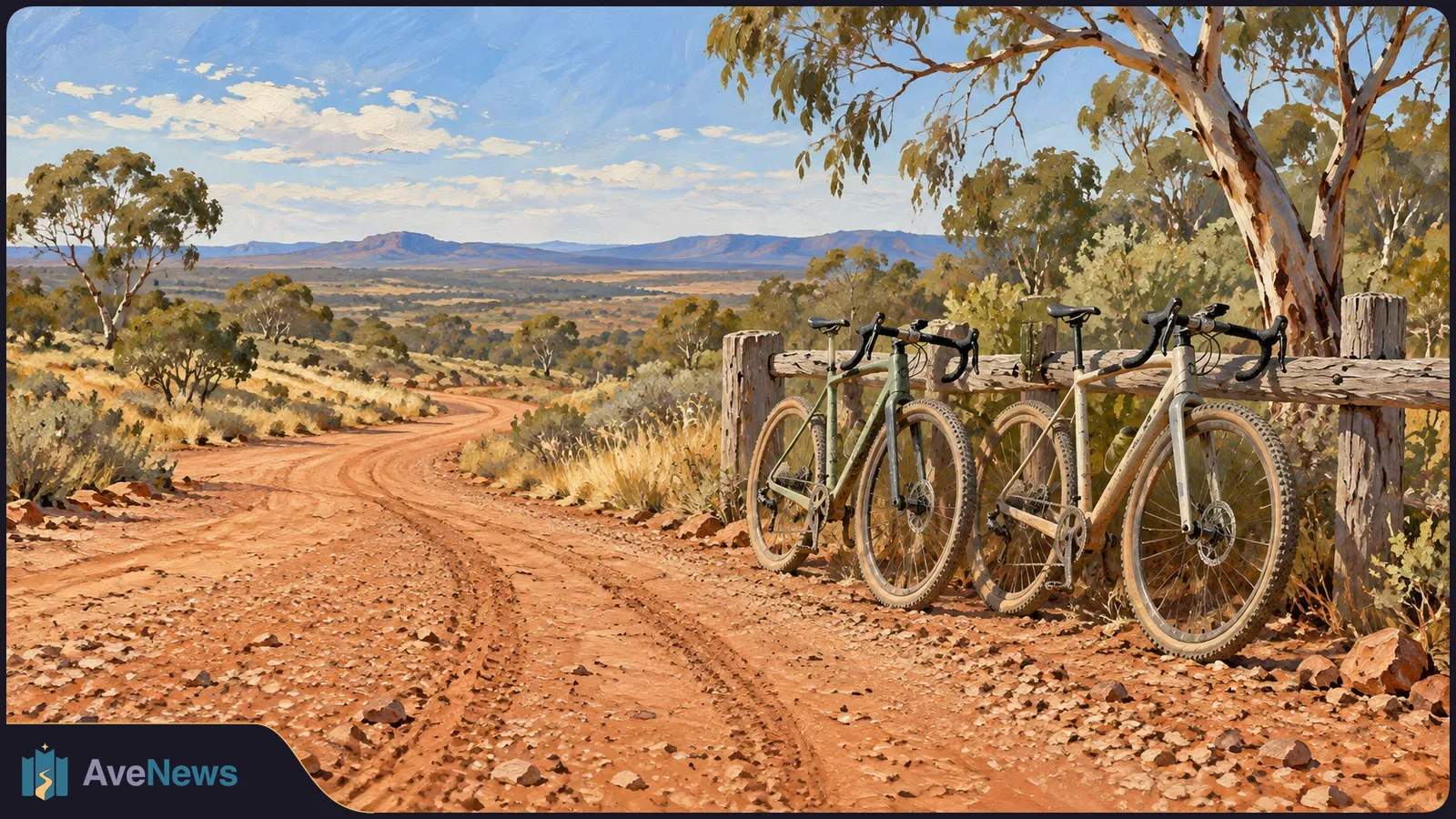 Two gravel bicycles lean against a wooden fence beside a winding red dirt road, with dry trees, open plains and distant hills under a blue sky. SI illustration