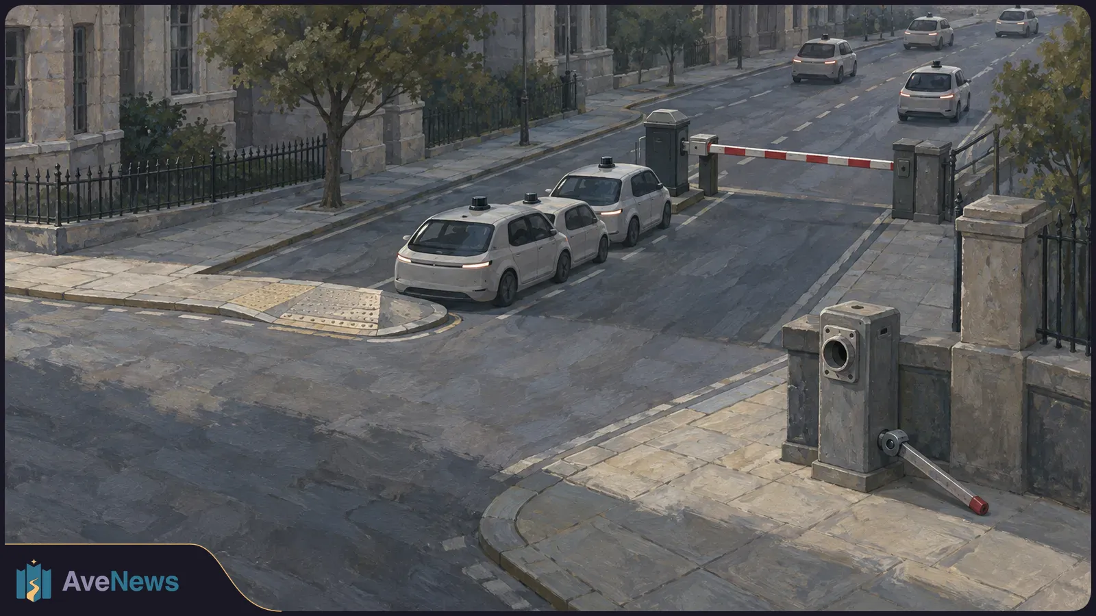 Painterly view of white cars with roof-mounted sensors near a lowered red-and-white barrier on a tree-lined street with stone buildings and iron fences. SI illustration