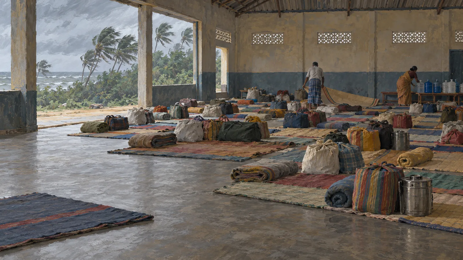 In an open-sided hall, two people stand among mats, rolled blankets and bags. Beyond the openings, palm trees bend toward a rough sea. SI illustration