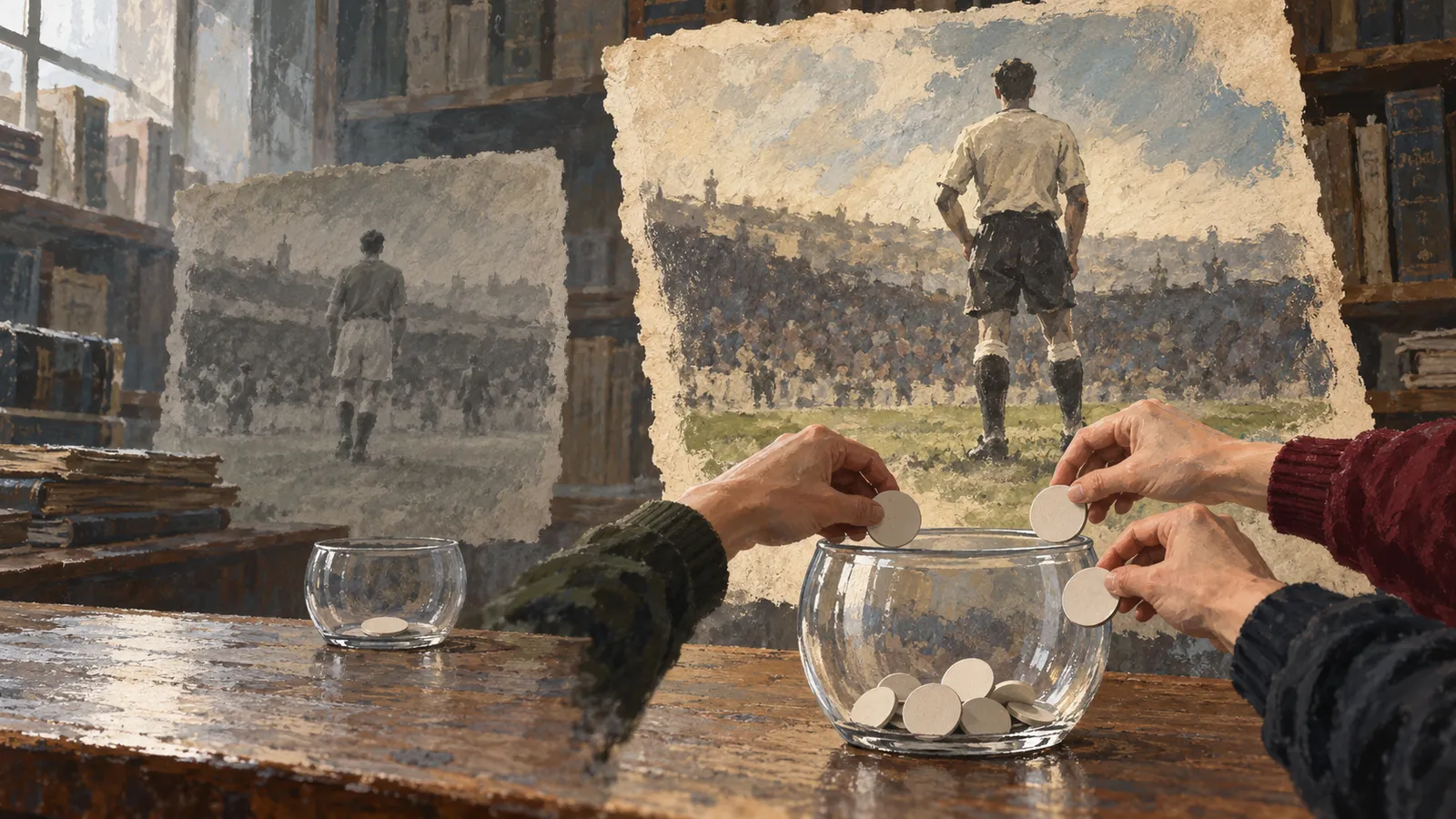 Hands hold white discs over a glass bowl on a wooden table, with two painted football scenes and bookshelves behind them. SI illustration