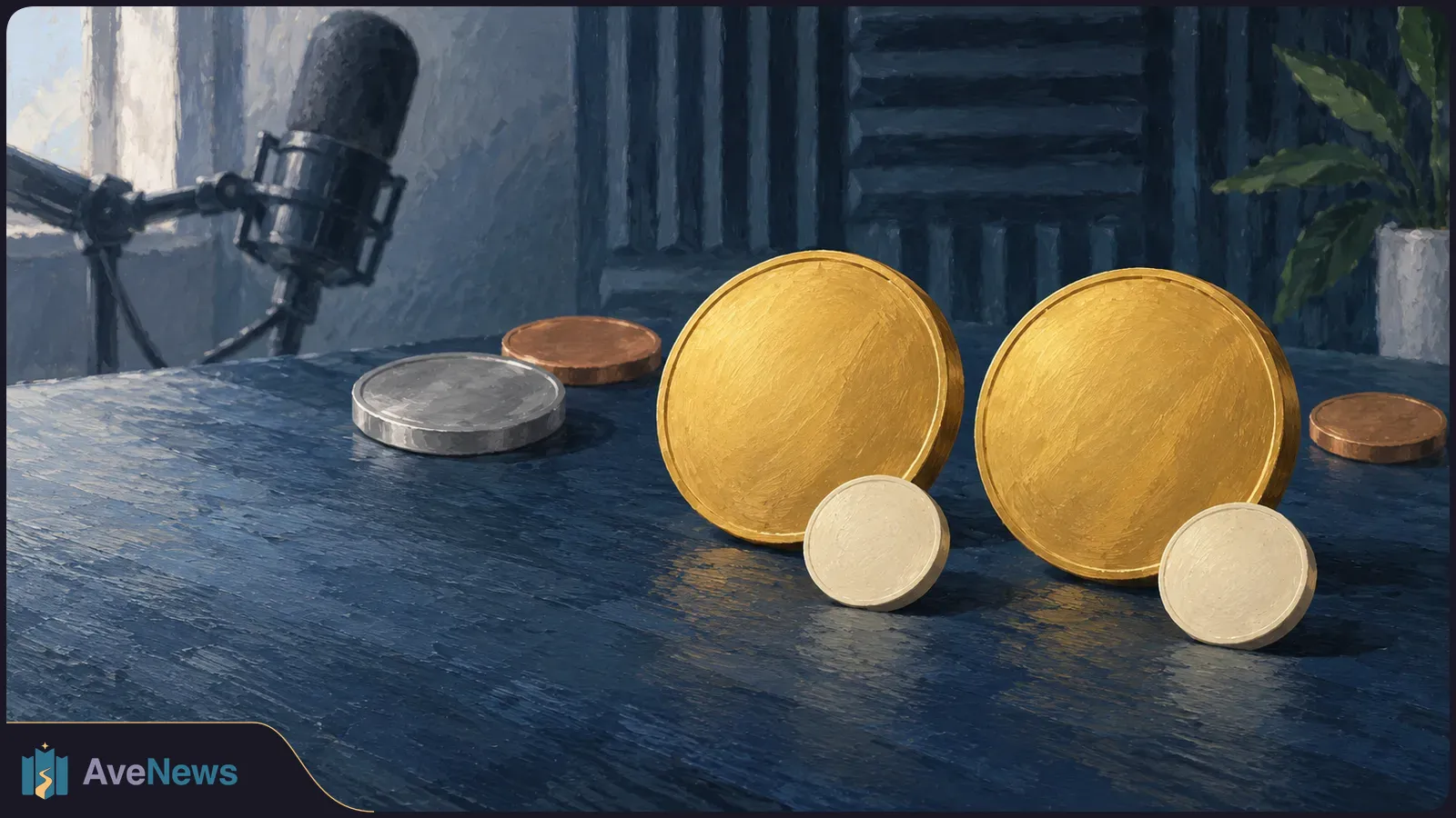 Painted illustration of a studio microphone beside blank gold, silver and bronze discs on a dark blue tabletop, with acoustic panels and a potted plant behind them. SI illustration