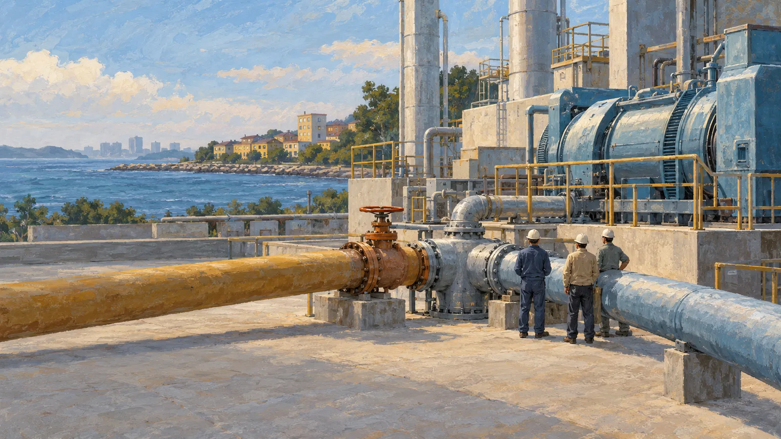 Painted coastal gas facility with large pipes, tanks and machinery; three hard-hatted workers stand beside a pipe, with water and buildings in the background. SI illustration